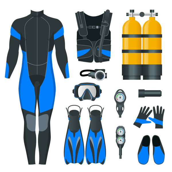 Man s Scuba gear and accessories. Equipment for diving. IDiver wetsuit, scuba mask, snorkel, fins, regulator dive icons. Underwater activity diving equipment and accessories. Underwater sport.
