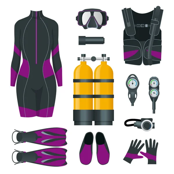 Mujer s Equipo de buceo y accesorios. Equipo para el buceo. Traje de buceo, máscara de buceo, snorkel, aletas, iconos de buceo regulador. Equipo de buceo y accesorios para actividades submarinas. Deporte submarino . — Vector de stock