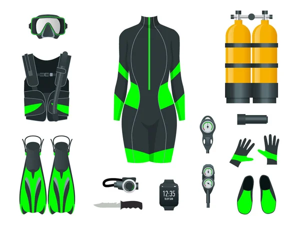 Mujer s Equipo de buceo y accesorios. Equipo para el buceo. Traje de buceo, máscara de buceo, snorkel, aletas, iconos de buceo regulador. Equipo de buceo y accesorios para actividades submarinas. Deporte submarino . — Archivo Imágenes Vectoriales