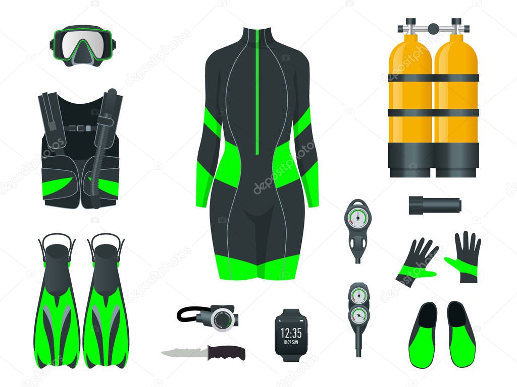 Woman s Scuba gear and accessories. Equipment for diving. IDiver wetsuit, scuba mask, snorkel, fins, regulator dive icons. Underwater activity diving equipment and accessories. Underwater sport.
