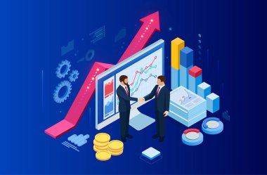 Isometric Başarılı İş İşbirliği. İş adamları el sıkışıyor. B2B 'de. Ticari istihbarat analizleri için veri ve anahtar performans göstergeleri