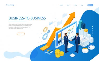 Isometric Başarılı İş İşbirliği. İş adamları el sıkışıyor. B2B 'de. Ticari istihbarat analizleri için veri ve anahtar performans göstergeleri