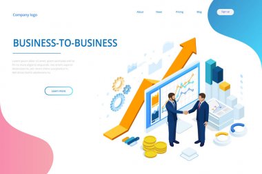 Isometric Başarılı İş İşbirliği. İş adamları el sıkışıyor. B2B 'de. Ticari istihbarat analizleri için veri ve anahtar performans göstergeleri