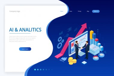 Isometric Başarılı İş İşbirliği. İş adamları el sıkışıyor. B2B 'de. Ticari istihbarat analizleri için veri ve anahtar performans göstergeleri