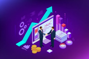 Isometric Başarılı İş İşbirliği. İş adamları el sıkışıyor. B2B 'de. Ticari istihbarat analizleri için veri ve anahtar performans göstergeleri