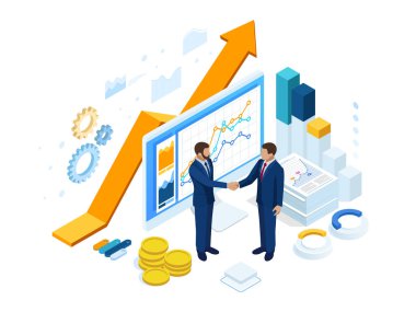 Isometric Başarılı İş İşbirliği. İş adamları el sıkışıyor. B2B 'de. Ticari istihbarat analizleri için veri ve anahtar performans göstergeleri