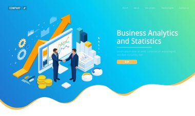 Isometric Başarılı İş İşbirliği. İş adamları el sıkışıyor. B2B 'de. Ticari istihbarat analizleri için veri ve anahtar performans göstergeleri