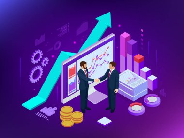 Biyometrik B2b satış yöntemi. Ortaklar el sıkışıyor. Başarılı girişimciler. İş zekası analitiği için veri ve temel performans göstergeleri