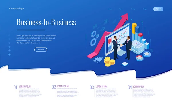 Metode Isometric B2B sales. Rekan berjabat tangan. Pengusaha yang sukses. Data dan indikator kinerja kunci untuk analisis intelijensi bisnis - Stok Vektor