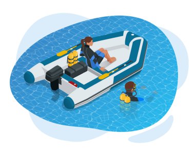 Isometrik şişme bot. Sert ahşap döşeme, bir transom ve şişme omurga ile modern bir şişme tekne, bir elektrikli trolling motor tarafından desteklenmektedir.