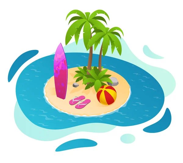 Tablas de surf isométricas en una isla paradisíaca con palmeras. Verano con una tabla de surf, pelota en la playa . — Archivo Imágenes Vectoriales