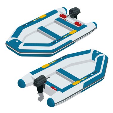 Isometrik şişme bot. Sert ahşap döşeme, bir transom ve şişme omurga ile modern bir şişme tekne, bir elektrikli trolling motor tarafından desteklenmektedir.