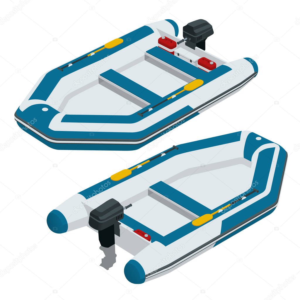Isometric inflatable boat. A modern inflatable boat with rigid wooden floorboards, a transom and an inflatable keel, powered by an electric trolling motor.