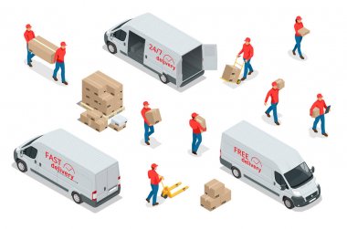 Isometric icons of delivery cars and deliveryman with cardboard boxes. Express, Free or Fast Delivery elements. clipart