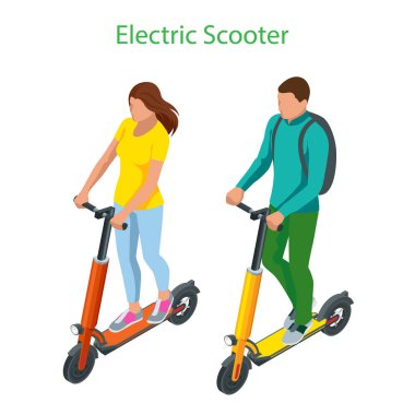 İzometrik Elektrikli Scooter yolda. Elektrikli scooter taşımacılığı hızlı bir sürüş için kiralayabilirsiniz.