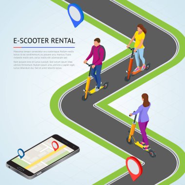 İzometrik Elektrikli Scooter yolda. Elektrikli scooter taşımacılığı hızlı bir sürüş için kiralayabilirsiniz.