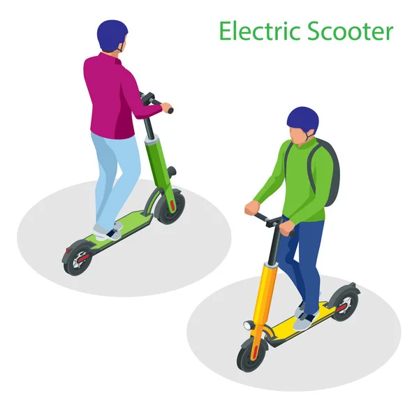 Isométrico Scooter Eléctrico en la carretera. Transporte de scooter eléctrico se puede alquilar para un paseo rápido . — Vector de stock