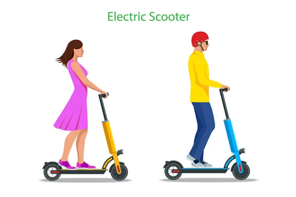 路上的电动滑板车。电动滑板车运输，你可以租一个快速乘坐. — 图库矢量图片
