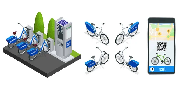 Aplicação móvel no telefone para alugar uma bicicleta na cidade. Estação de bicicleta EV. Vida da cidade com Eco Transporte. Estilo de vida saudável. Ilustração isométrica —  Vetores de Stock