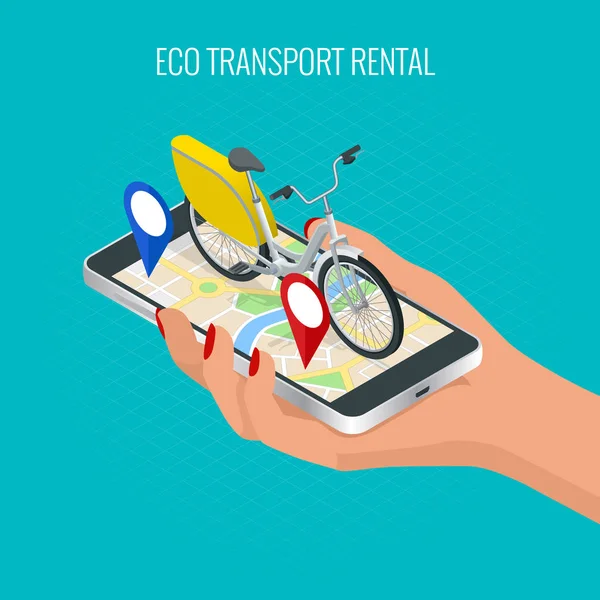 Applicazione mobile al telefono per noleggiare una bici in città. Stazione EV. City Life con Eco Transportation. Stile di vita sano . — Vettoriale Stock