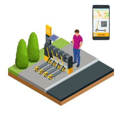 İstasyonda kiralık izometrik elektrikli scooterlar ve ödeme için kasiyer makinesi. Şehirde bir scooter kiralamak için telefonda mobil uygulama. Şehir içi ulaşım. Modern teknolojiler.