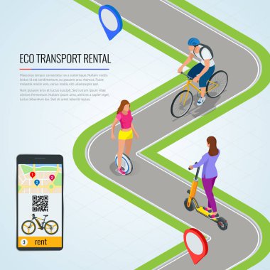 Izometrik elektrikli scooter ve ödeme için istasyon ve kasiyer makine kiralık bisiklet. Şehirde bir scooter kiralamak için telefonda mobil uygulama. Şehir içi ulaşım. Modern teknolojiler.