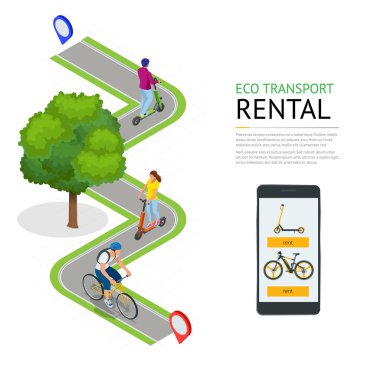 Izometrik elektrikli scooter ve ödeme için istasyon ve kasiyer makine kiralık bisiklet. Şehirde bir scooter kiralamak için telefonda mobil uygulama. Şehir içi ulaşım. Modern teknolojiler.