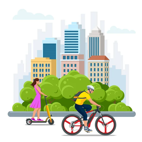 Alquiler de scooters eléctricos y bicicletas. Transporte urbano. Tecnologías modernas . — Vector de stock