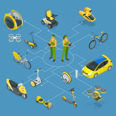 Alternatif eko bir arka plan üzerinde izole taşıma izometrik kümesi. Modern bisiklet, elektrikli araba güneş panelleri, elektrikli scooter, gyroscooter, monowheel, elektrikli mini otomobil ile