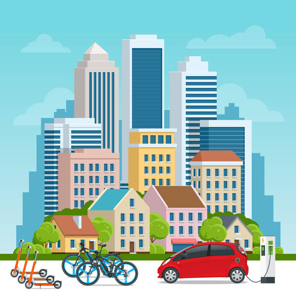 Bycicle Rental. Scooter Rental. Car Rental. City Life with Eco Transportation. Healthy Lifestyle.