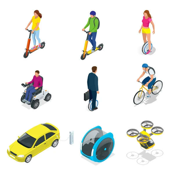 Isometrischer Satz alternativer Ökotransporte isoliert auf einem Hintergrund. modernes Fahrrad, Elektroauto mit Sonnenkollektoren, Elektroroller, Gyroscooter, Einrad, Elektro-Mini-Auto — Stockvektor