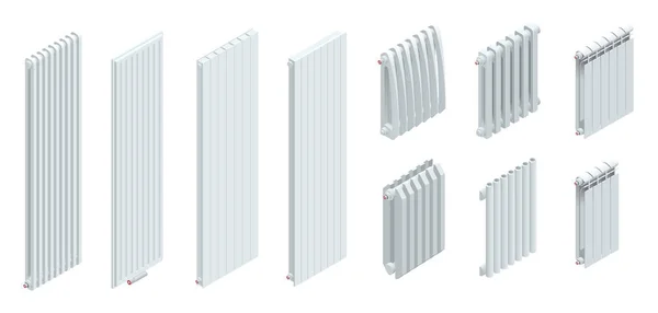 Radiadores isométricos modernos de calefacción aislados sobre fondo blanco. Detalle interior con pared de hormigas radiadoras . — Vector de stock