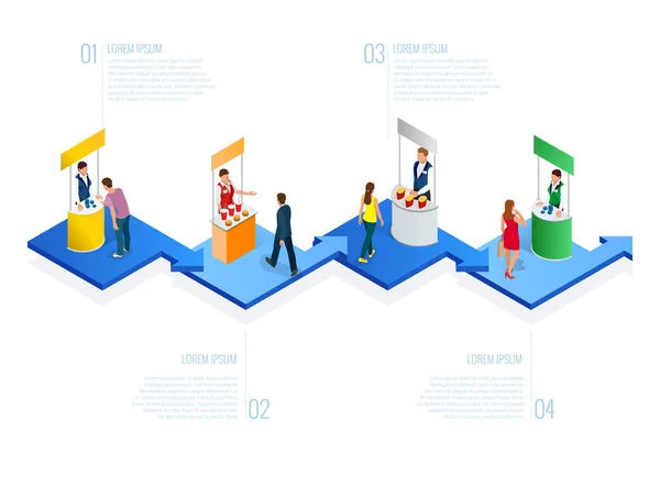 Izometrikus Expo állványok. Kiállítás demonstrációs állvány koncepció. Kiállítás standján. Üres mockup. — Stock Vector