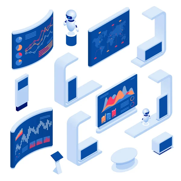 Isometric Expo Stands. Concept de stand de démonstration de l'exposition. Kiosque d'exposition. Modèle vierge . — Image vectorielle