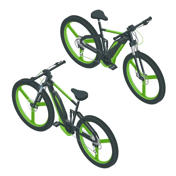 Izometrikus modern elektromos kerékpár ikonok. E-Bike, városi ökoszállítás tervezési koncepció — Stock Vector
