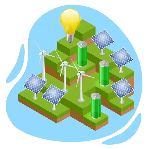 Isometrisches umweltfreundliches und umweltfreundliches Energiekonzept. erneuerbare Energien. — Stockvektor