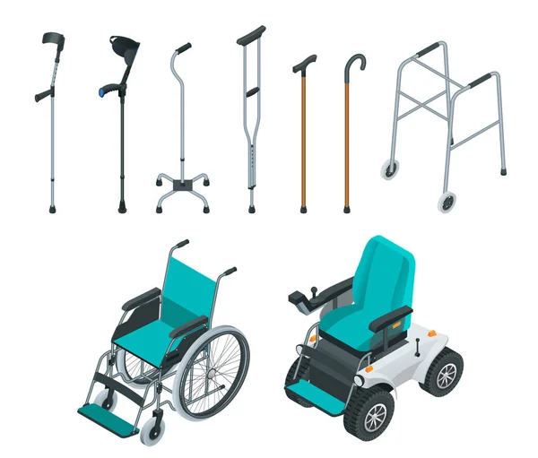 Conjunto isométrico de auxiliares de mobilidade, incluindo uma cadeira de rodas e cadeira de rodas elétrica, andador, muletas, quadriciclo e muletas de antebraço. Conceito de saúde . — Vetor de Stock