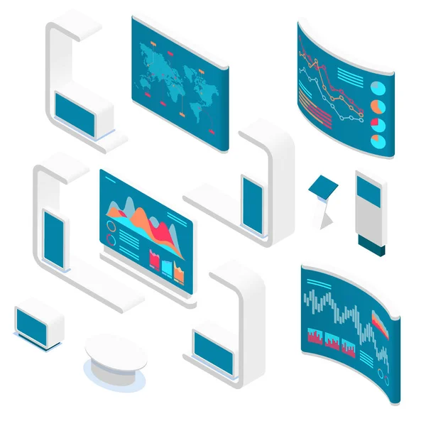 Isométrica Expo Stands. Conceito de stand de demonstração de exposição. Cabine de exposição. Mochila em branco . —  Vetores de Stock