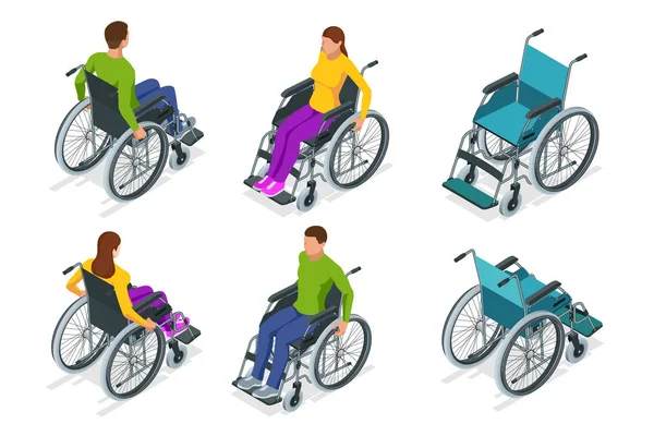 Silla de ruedas isométrica aislada. Hombre y mujer en silla de ruedas. Equipo de apoyo médico. Concepto de salud . — Vector de stock