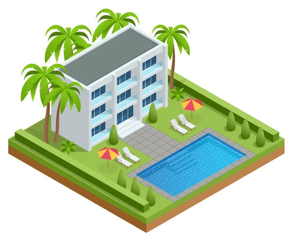 Isometrisk lyx pool nära ett modernt hotell. Avslappnande rottingstolar med kuddar vid poolen. — Stock vektor