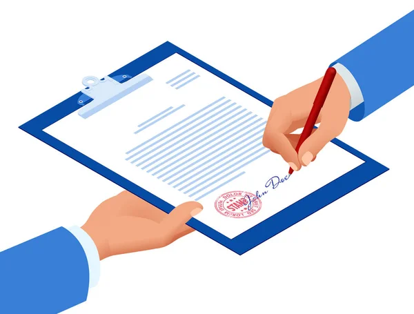 Isometric a signé un contrat avec un timbre. Document avec signature. La forme du document. Contrat ou accord financier d'entreprise — Image vectorielle