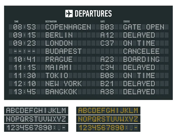 Info over de vlucht op het Billboard op de luchthaven. Luchthaven Terminal aankomst en vertrektijd schema, informatiebord, display alfabet. — Stockvector