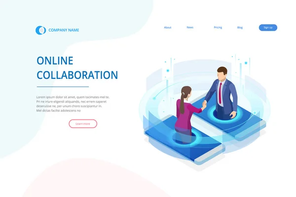 Isometric business handshake, global online collaboration, team collaboration, social network, and headhunting concept. Template landing page. — Stock Vector