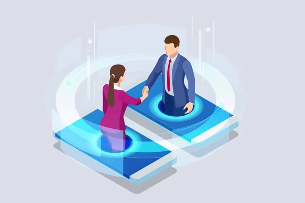 Isometric Business Handshake, wereldwijde online samenwerking, teamsamenwerking, sociaal netwerk en headhunting concept. Bestemmingspagina van sjabloon. — Stockvector