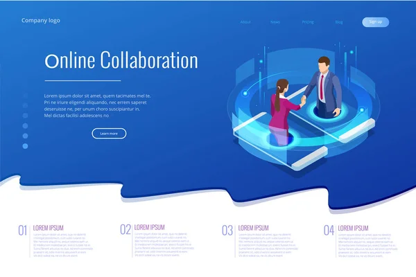 Un apretón de manos de negocios isométrico, colaboración global en línea, colaboración en equipo, redes sociales y concepto de headhunting. Página de destino de plantilla . — Archivo Imágenes Vectoriales