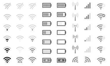 Düz Cep telefonu sistemi simgeleri Wifi sinyal gücü, pil şarj seviyesi ve sembol işareti uzaktan erişim ve iletişim radyo