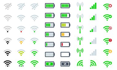 Düz Cep telefonu sistemi simgeleri Wifi sinyal gücü, pil şarj seviyesi ve sembol işareti uzaktan erişim ve iletişim radyo