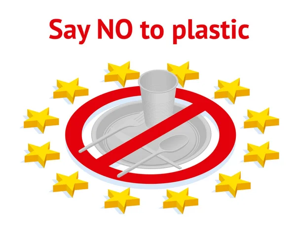 Avrupa Birliği'nde plastik aletlerin kullanımını yasaklar. Plastiğe hayır de. Çevre kirliliği. Çevre Koruma. — Stok Vektör