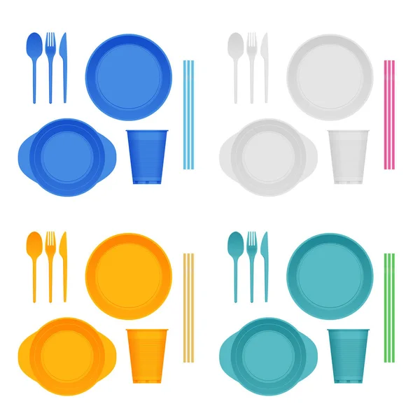 Яркая пластиковая посуда и салфетки изолированы на белом. Пластиковая посуда, пластиковая тарелка, вилка, ложка, нож, стекло, трубка — стоковый вектор