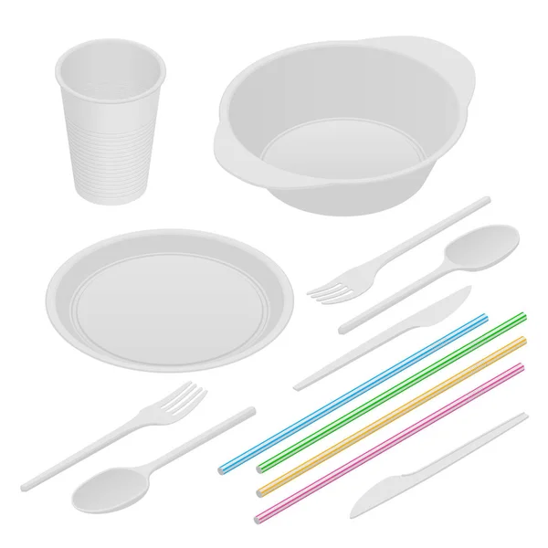 Vajilla y servilletas isométricas de plástico blanco aisladas en blanco. Platos de plástico, plato de plástico, tenedor, cuchara, cuchillo, vidrio, tubo — Vector de stock